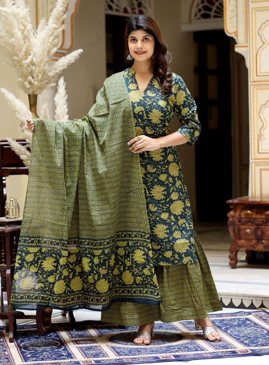 Women's Green Cotton Floral Straight Kurta & Sharara With Dupatta Set - Miravan