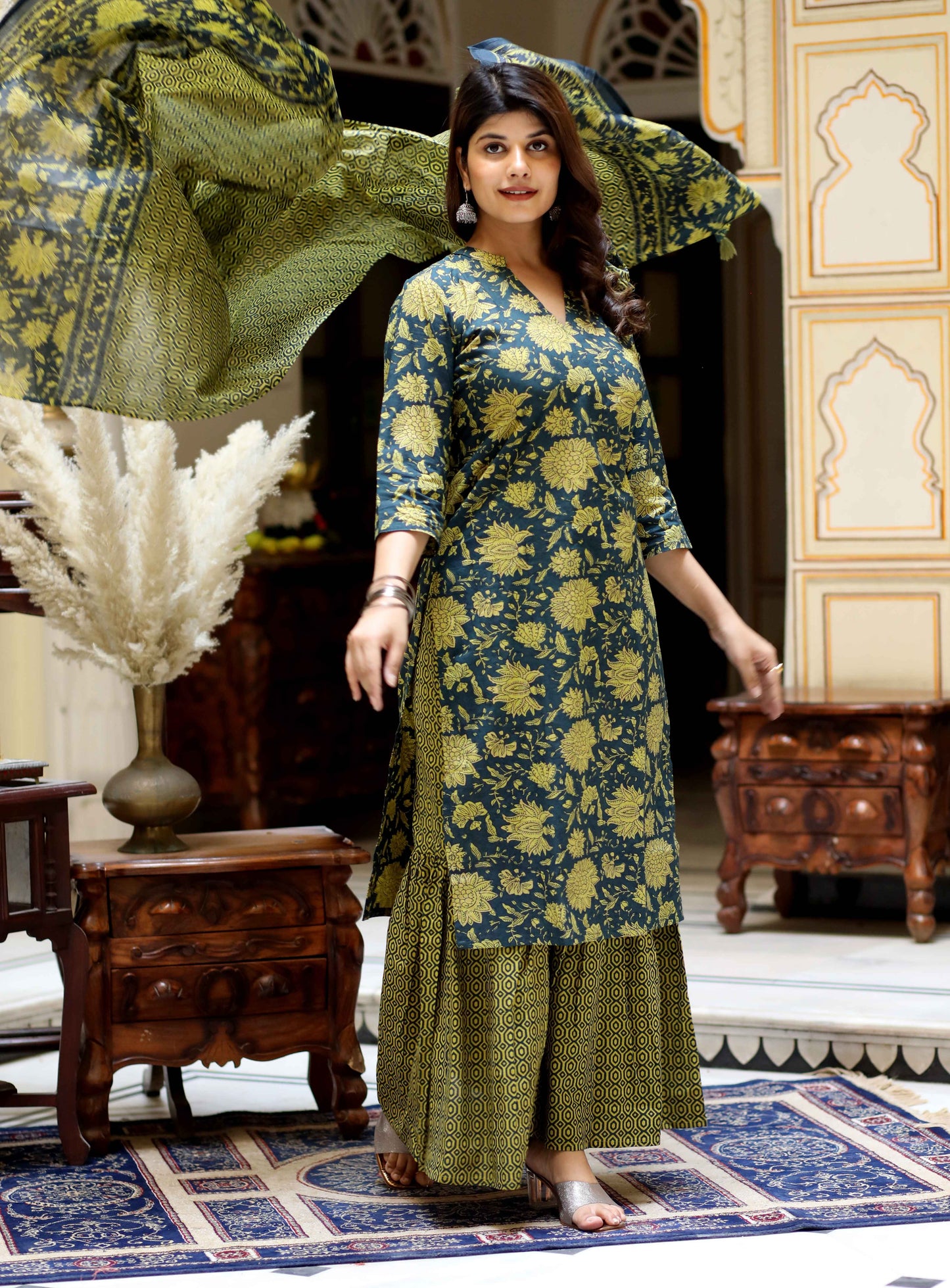Women's Green Cotton Floral Straight Kurta & Sharara With Dupatta Set - Miravan
