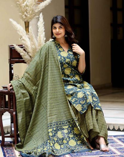 Women's Green Cotton Floral Straight Kurta & Sharara With Dupatta Set - Miravan