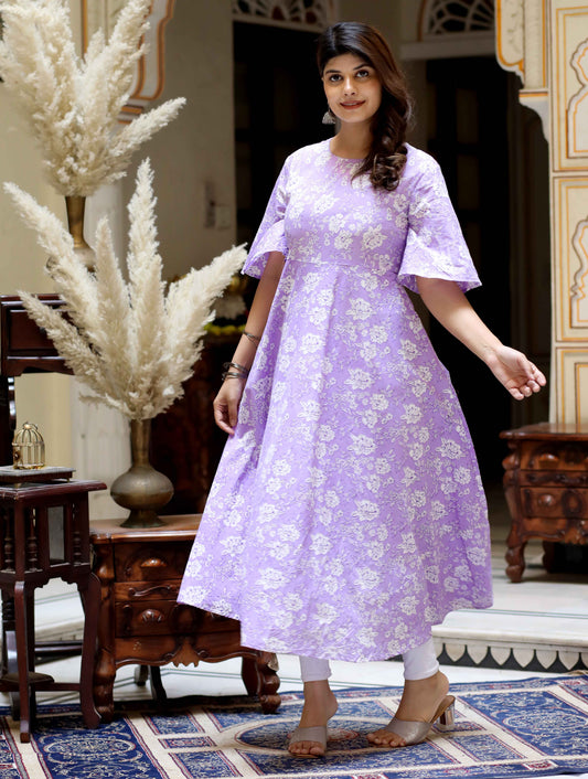 Women's Levender Floral Printed Anarkali Kurta - Miravan