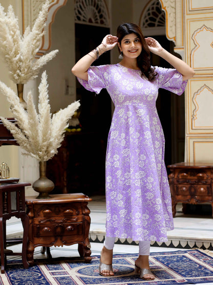 Women's Levender Floral Printed Anarkali Kurta - Miravan