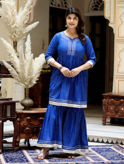 Women's Blue Printed Lurex Cotton A-Line Kurti With Sharara - Miravan