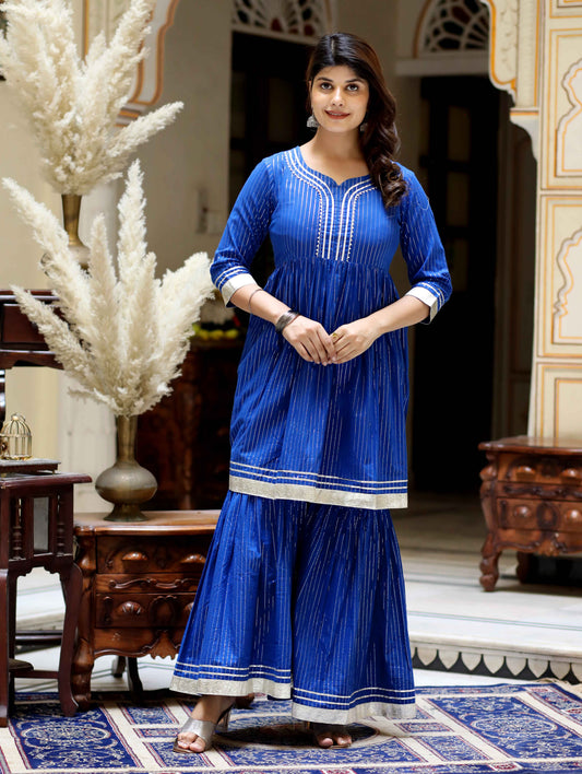 Women's Blue Printed Lurex Cotton A-Line Kurti With Sharara - Miravan