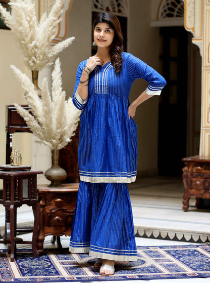 Women's Blue Printed Lurex Cotton A-Line Kurti With Sharara - Miravan