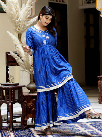 Women's Blue Printed Lurex Cotton A-Line Kurti With Sharara - Miravan