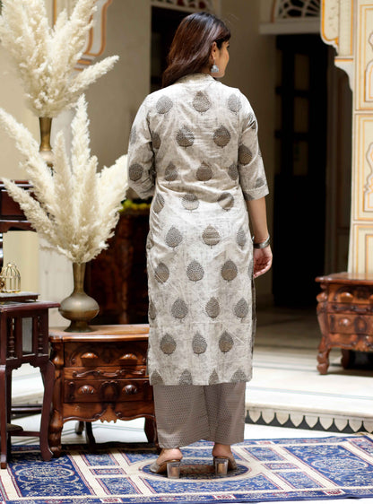Women's Beige Pure Cotton Printed Straight Kurta And Palazzo - Miravan
