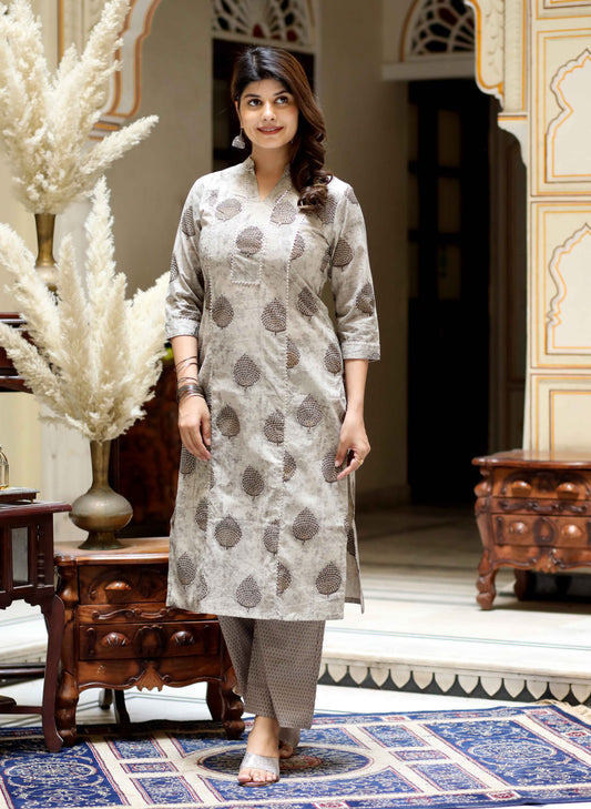 Women's Beige Pure Cotton Printed Straight Kurta And Palazzo - Miravan