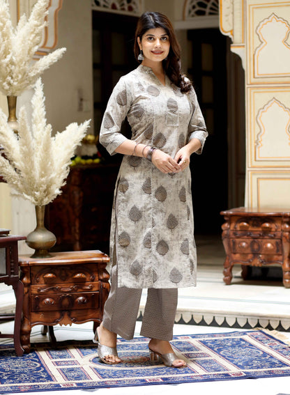 Women's Beige Pure Cotton Printed Straight Kurta And Palazzo - Miravan