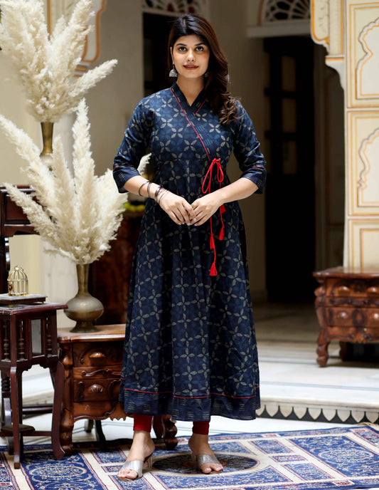 Women's Blue Abstract Print Ankle Length Angrakha Style Kurta - Miravan