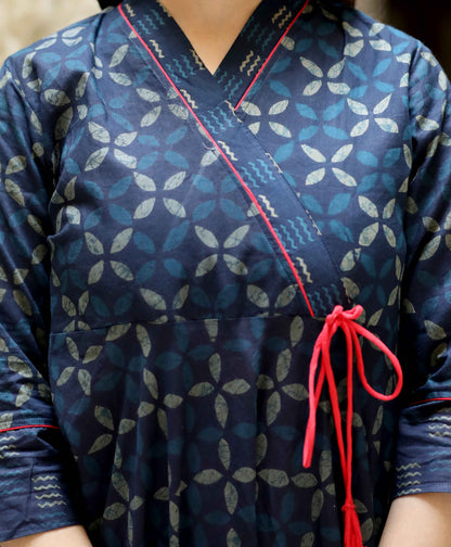 Women's Blue Abstract Print Ankle Length Angrakha Style Kurta - Miravan