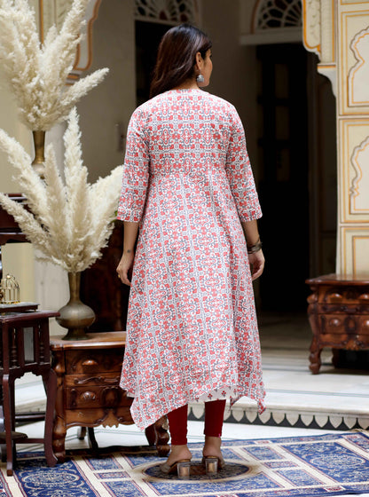 Miravan Women's Cotton Floral Printed Layered Kurta with Jacket