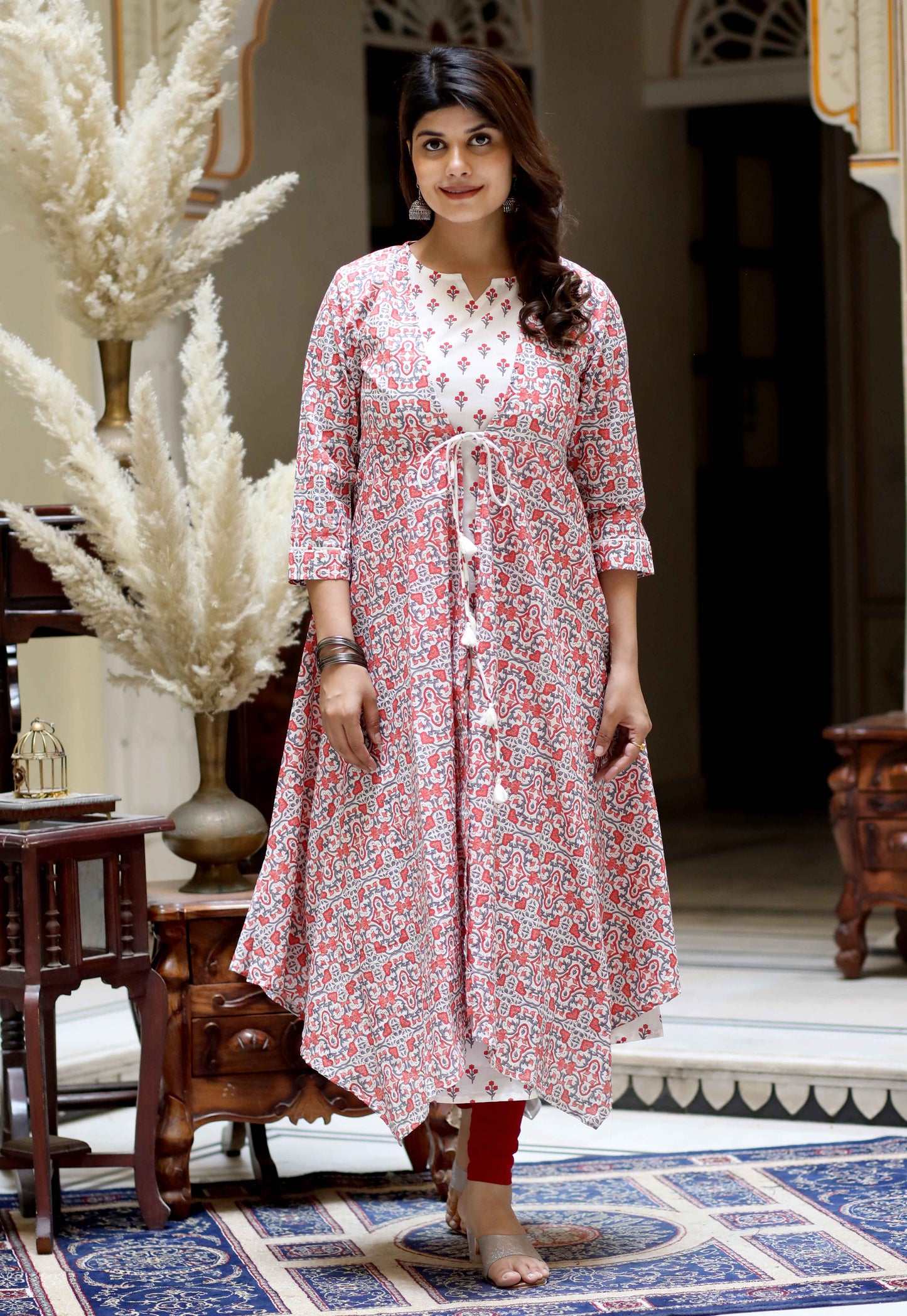 Women's Orange Cotton Floral Printed Kurta With Jacket - Miravan