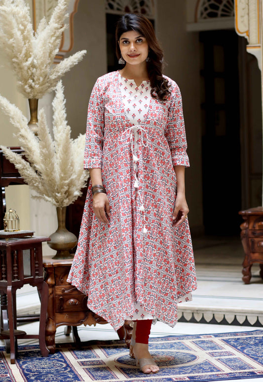 Miravan Women's Cotton Floral Printed Layered Kurta with Jacket