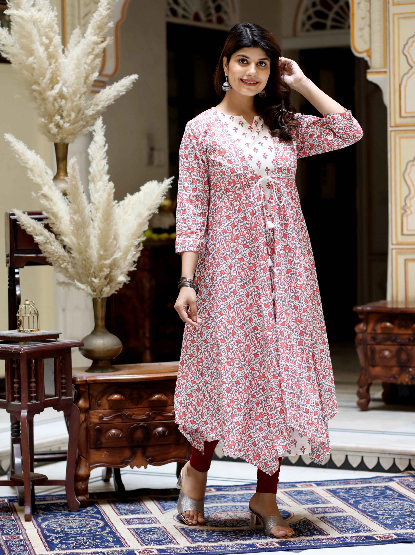 Miravan Women's Cotton Floral Printed Layered Kurta with Jacket