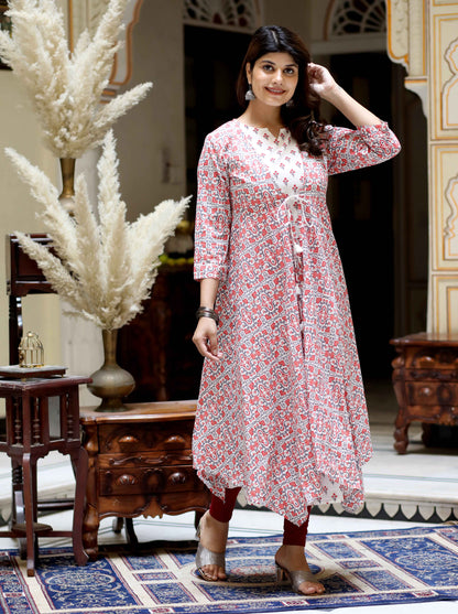 Miravan Women's Cotton Floral Printed Layered Kurta with Jacket
