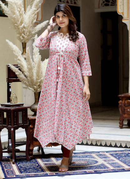 Women's Orange Cotton Floral Printed Kurta With Jacket - Miravan