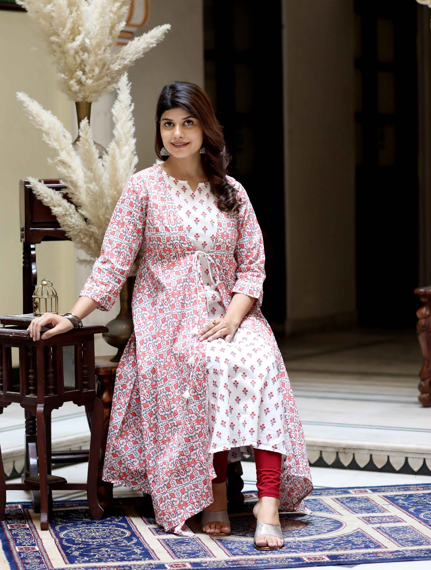Miravan Women's Cotton Floral Printed Layered Kurta with Jacket