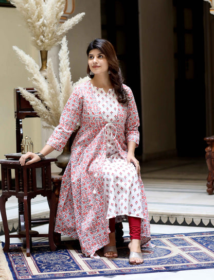 Women's Orange Cotton Floral Printed Kurta With Jacket - Miravan