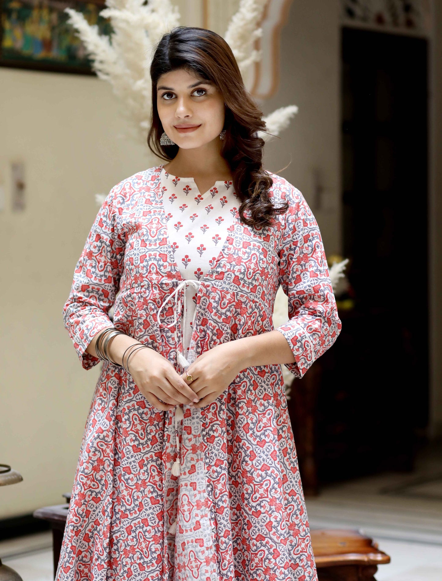 Miravan Women's Cotton Floral Printed Layered Kurta with Jacket