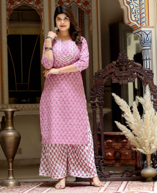 Women's Pink Cotton Floral Print Straight Kurta And Palazzo Set - Miravan