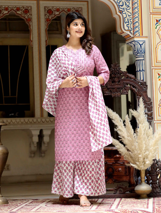 Women's Pink Cotton Kurta With Palazzo & Dupatta Set - Miravan