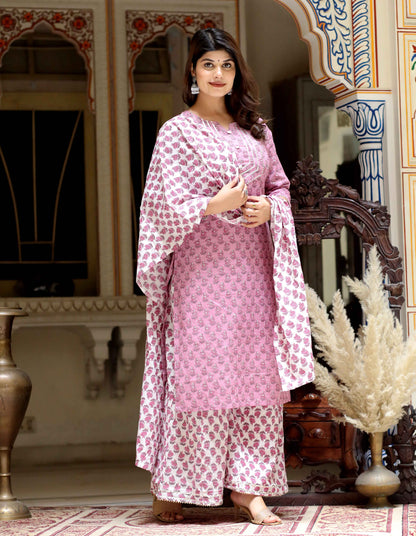 Women's Pink Cotton Kurta With Palazzo & Dupatta Set - Miravan