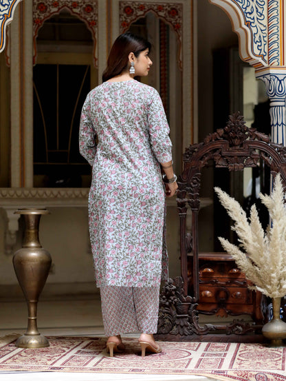 Women's Blue Cotton Floral Printed Straight Kurta Palazzo  - Miravan