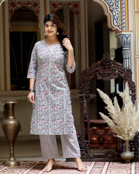 Women's Blue Cotton Floral Printed Straight Kurta Palazzo  - Miravan