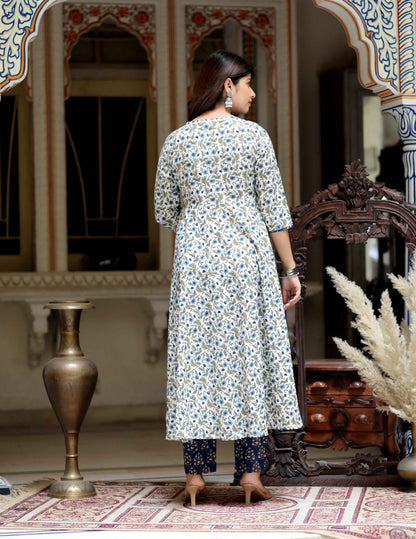 Women's Blue Floral Printed Anarkali Pure Cotton Kurta With Palazzo Set - Miravan
