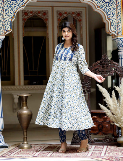 Women's Blue Floral Printed Anarkali Pure Cotton Kurta With Palazzo Set - Miravan