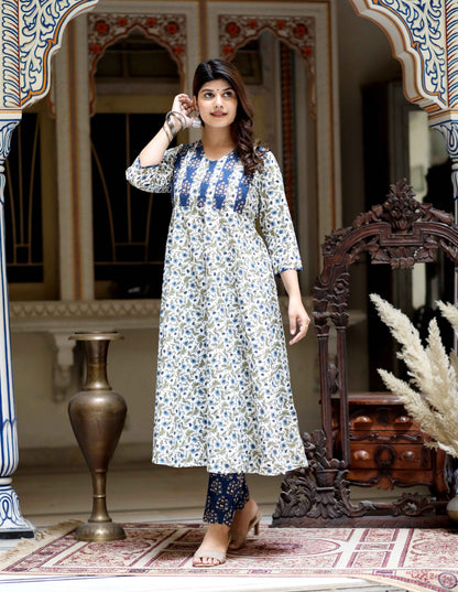 Women's Blue Floral Printed Anarkali Pure Cotton Kurta With Palazzo Set - Miravan