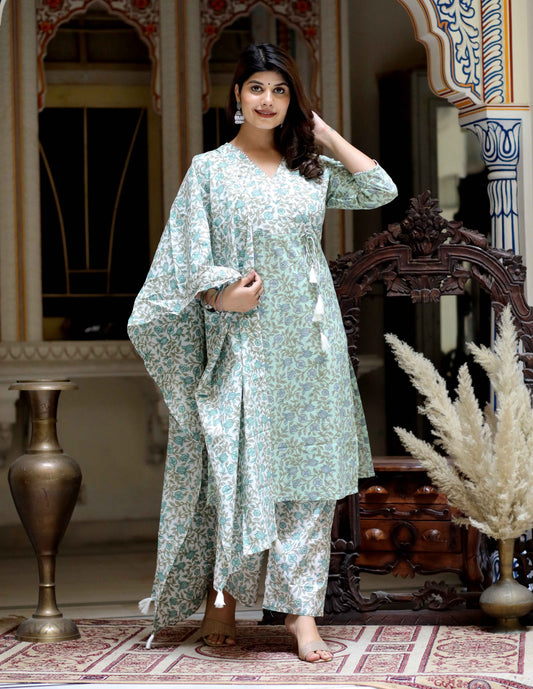 Women's Green Floral Printed Angrakha Pure Cotton Kurta With Palazzo & Dupatta Set - Miravan