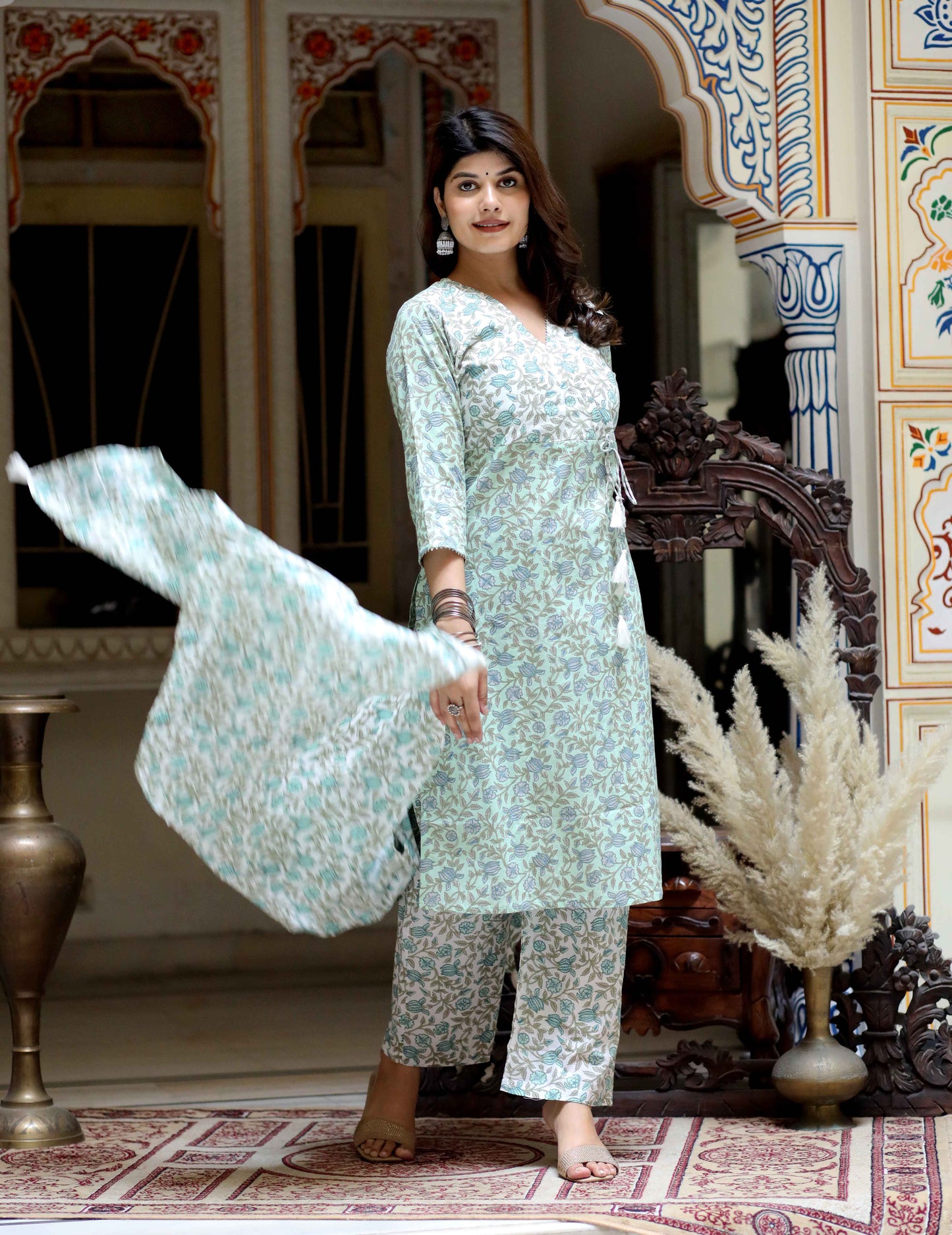 Women's Green Floral Printed Angrakha Pure Cotton Kurta With Palazzo & Dupatta Set - Miravan