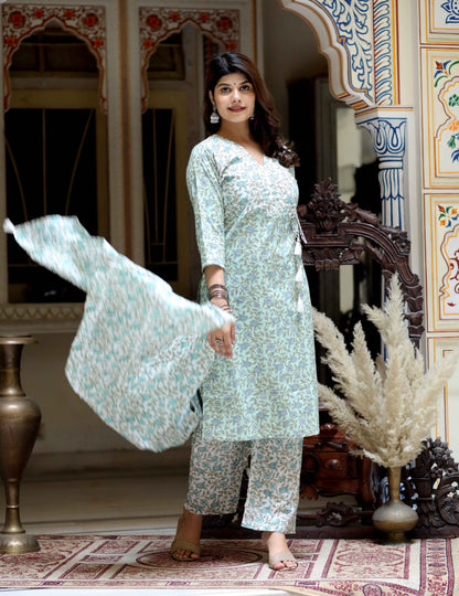 Women's Green Floral Printed Angrakha Pure Cotton Kurta With Palazzo & Dupatta Set - Miravan