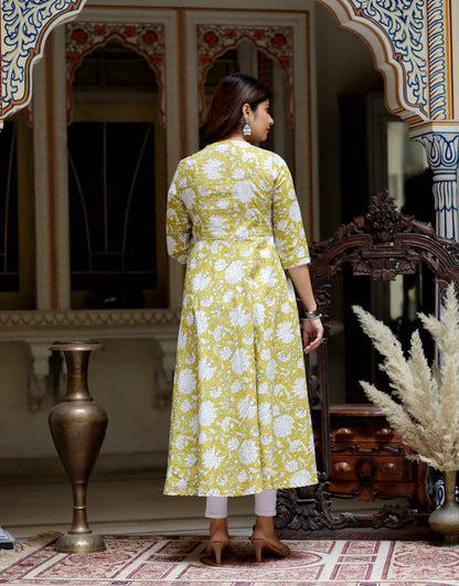 Women's Yellow Cotton Floral Print Anarkali Kurta With Dupatta - Miravan