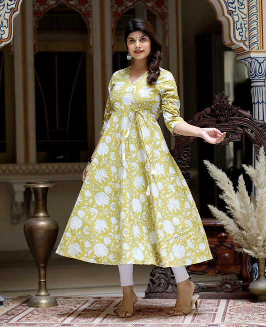 Women's Yellow Cotton Floral Printed Anarkali Kurta - Miravan