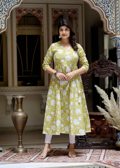 Women's Yellow Cotton Floral Printed Anarkali Kurta - Miravan