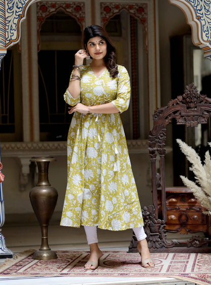 Women's Yellow Cotton Floral Printed Anarkali Kurta - Miravan