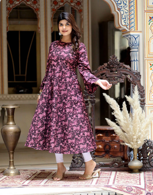 Women's Maroon Floral Bell Sleeves Anarkali Kurta - Miravan