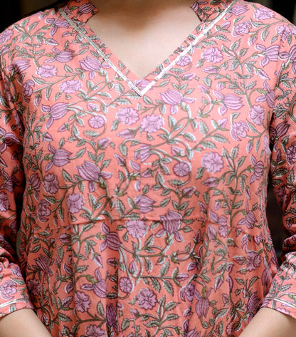 Women's Orange Cotton Floral Printed Anarkali Kurta - Miravan