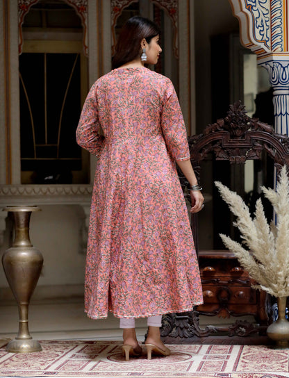 Women's Orange Cotton Floral Printed Anarkali Kurta - Miravan