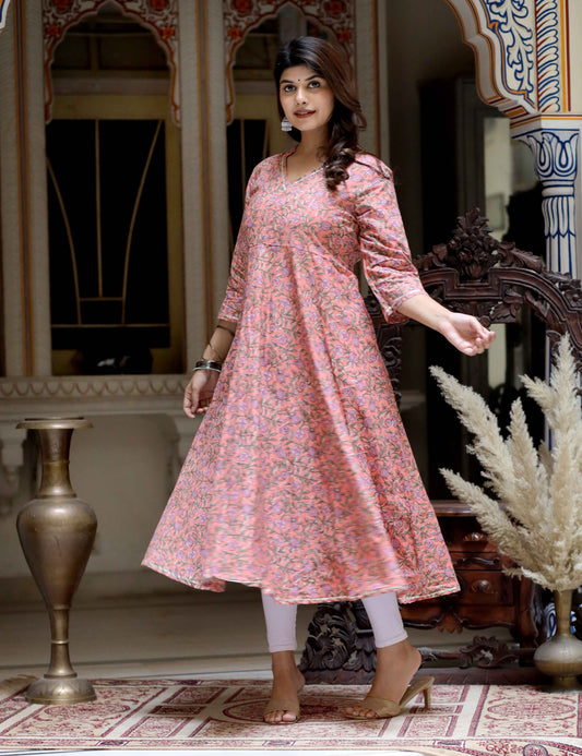 Women's Orange Cotton Floral Printed Anarkali Kurta - Miravan