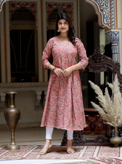 Women's Orange Cotton Floral Printed Anarkali Kurta - Miravan