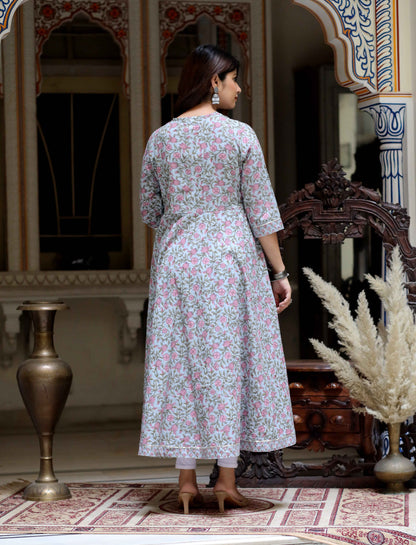 Women's Blue Floral Printed Anarkali Kurta - Miravan