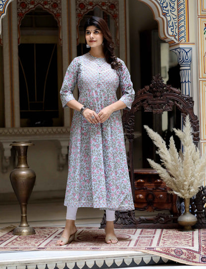 Women's Blue Floral Printed Anarkali Kurta - Miravan
