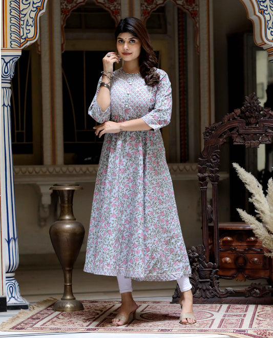 Women's Blue Floral Printed Anarkali Kurta - Miravan