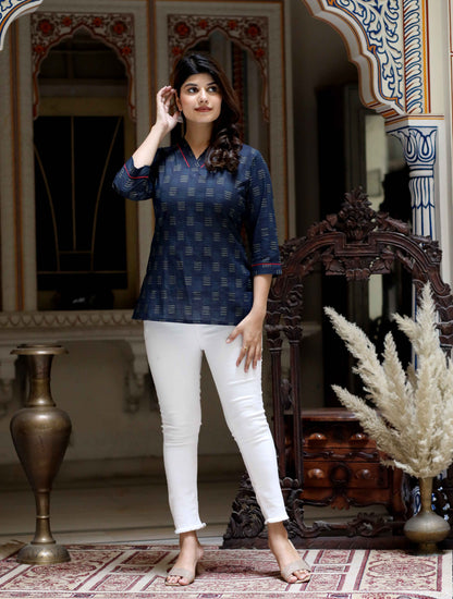 Women's Blue Printed Indigo Top- Miravan