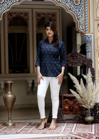 Women's Blue Printed Indigo Top- Miravan