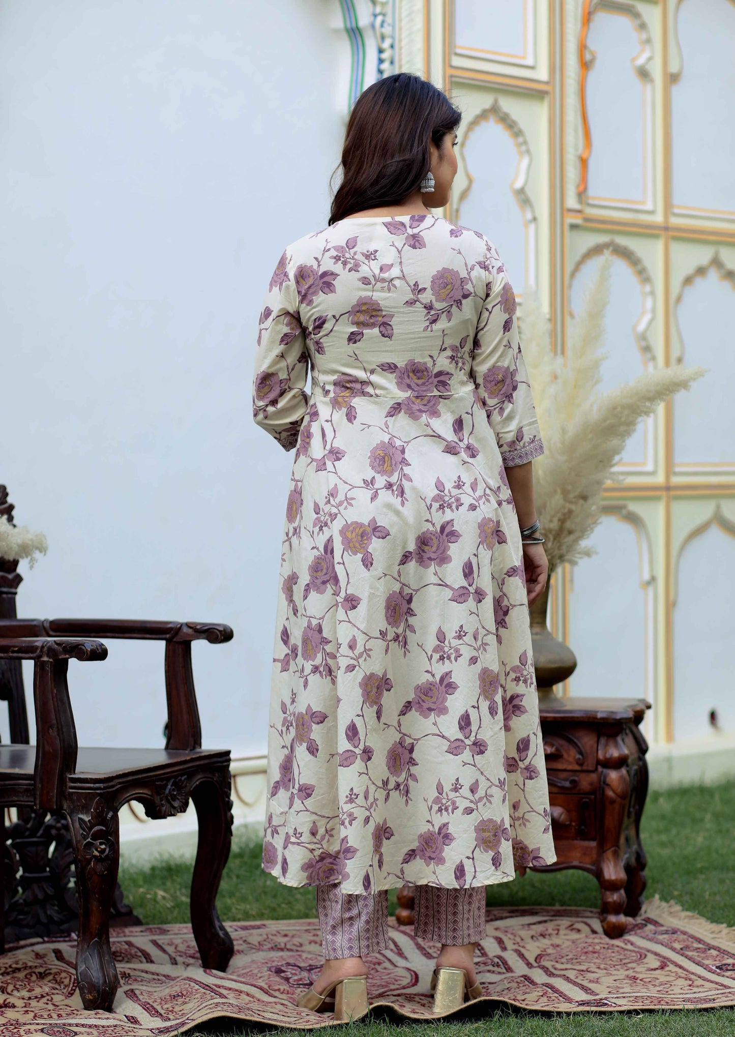Women's Pink Floral Print Anarkali Kurta With Palazzo & Dupatta Set - Miravan