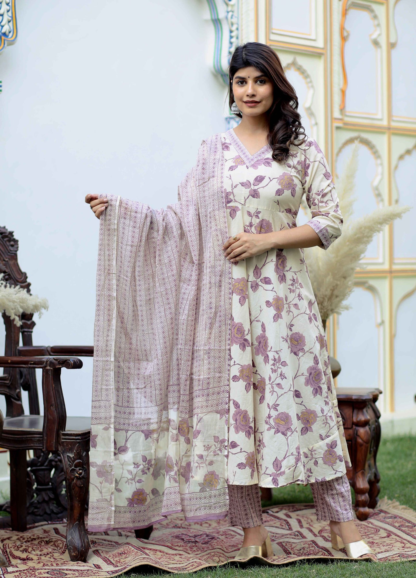 Women's Pink Floral Print Anarkali Kurta With Palazzo & Dupatta Set - Miravan